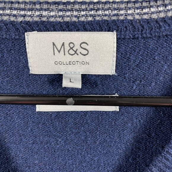M&S Sweater Mens Large Blue Extra Fine Lambswool V-Neck Knit Preppy - Picture 2 of 11